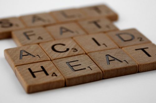 scrabble, scrabble pieces, lettering, letters, wood, scrabble tiles, white background, words, salt, fat, acid, heat, cookery, cooking, cordon bleu, basics, cookery basics, samin nosrat, ingredients,